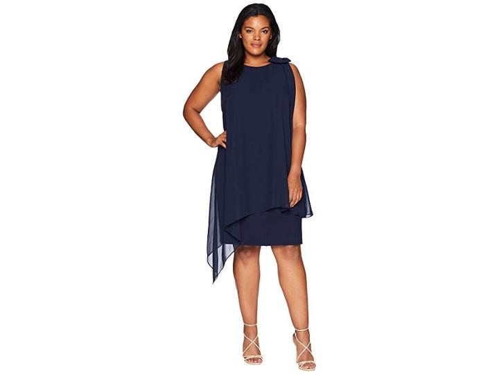 Tahari By Asl Plus Size Sleeveless Chiffon Sheath With Bow Detail On Shoulder (navy) Women's Dress