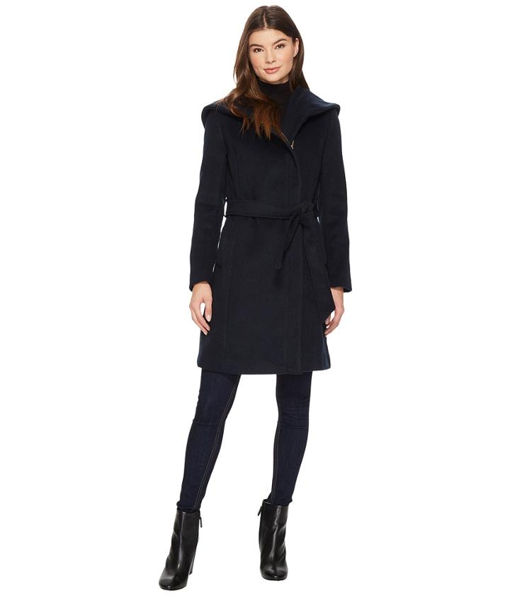 Cole Haan Hooded Asymmetrical Zip Front Coat (dark Navy) Women's Coat