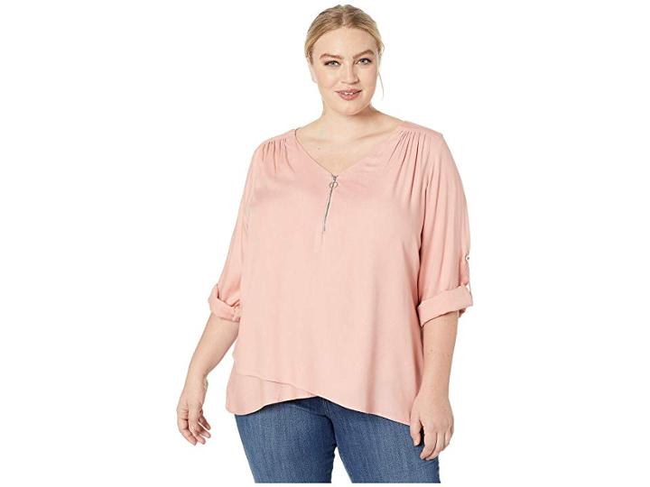 Karen Kane Plus Plus Size Zip-up Asymmetric Hem Top (petal Pink) Women's Clothing