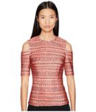 Yigal Azrouel Tribal Stripe Printed Scuba Cold Shoulder Top (sand Multi) Women's Clothing