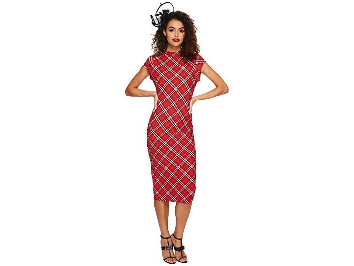 Unique Vintage Cap Sleeve Holly Wiggle Dress (red Plaid) Women's Dress