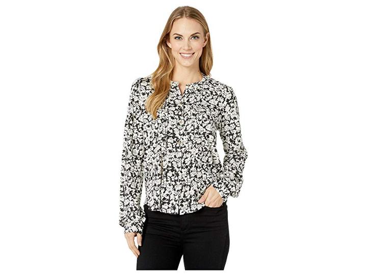 Lucky Brand Pintuck Button Up Top (black Multi) Women's Long Sleeve Button Up