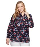 Lauren Ralph Lauren Plus Size Floral Crinkled Cotton Shirt (navy Multi) Women's Clothing