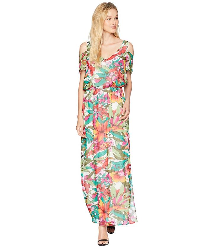 Nine West Hmc Cold Shoulder Maxi Dress With Shirred Waist (tropical Multi) Women's Dress