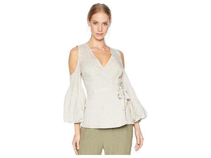 Bcbgmaxazria Wrap Front Cold Shoulder Top (pale Khaki Combo) Women's Clothing