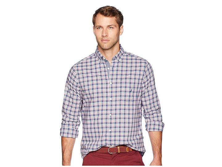 Nautica Long Sleeve Small Plaid Woven Shirt (ensign Blue) Men's Clothing