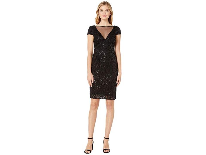 Marina Lace W/ Mesh Plunge Neck (black) Women's Dress