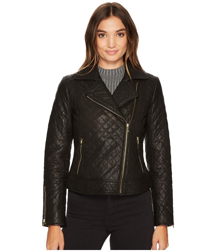 Cole Haan Diamond Quilted Moto W/ Exposed Zippers (black) Women's Coat