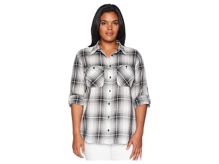 Lauren Ralph Lauren Plus Size Plaid Button Down Shirt (black Multi) Women's Clothing