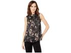 Vince Camuto Sleeveless Floral Soiree Ruched Mock Neck Blouse (rich Black) Women's Blouse