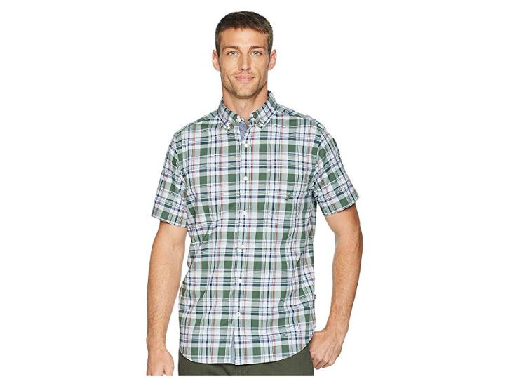 Nautica Short Sleeve Poplin Plaid Woven Shirt (pine Forest) Men's Clothing