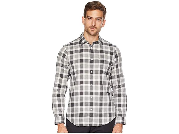 Calvin Klein Long Sleeve Straight Hem Buffalo Plaid Button Down (steel Cloud) Men's Long Sleeve Button Up