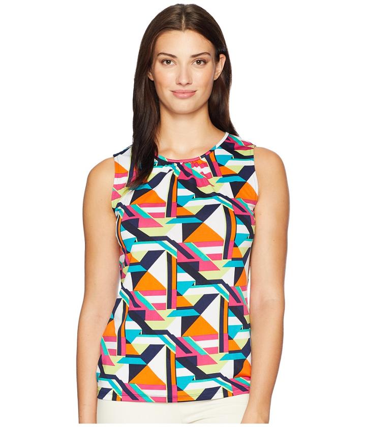 Tahari By Asl Geo Print Shirred Neck Matte Jersey Top (white/navy/fuchsia) Women's Clothing