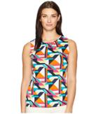 Tahari By Asl Geo Print Shirred Neck Matte Jersey Top (white/navy/fuchsia) Women's Clothing
