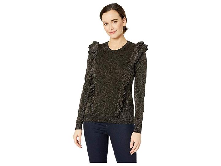 Michael Michael Kors Lurex Ruffle Long Sleeve Crew (black/gold) Women's Sweater