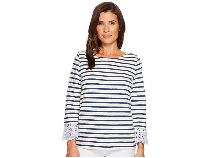 Elliott Lauren Scoop Neck Top With Back Pleat Eyelet Sleeve (blue Multi) Women's Long Sleeve Pullover