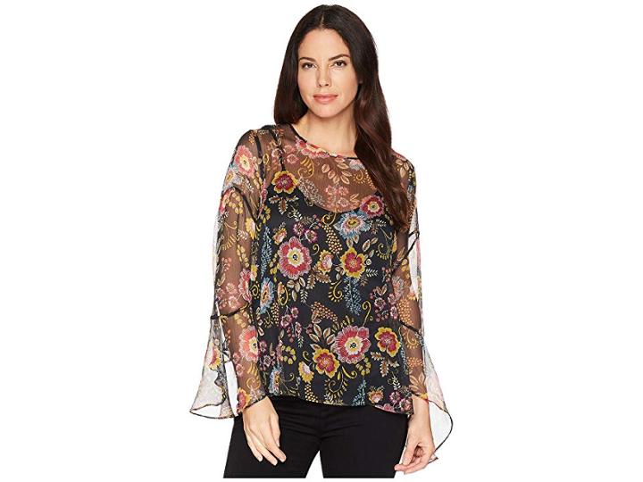 Vince Camuto Flared Sleeve Floral Print Blouse (rich Black) Women's Blouse