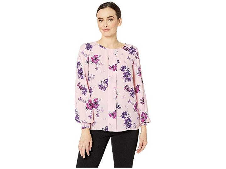 Tahari By Asl Printed Georgette Long Sleeve Blouse (pink Haze/magenta) Women's Clothing