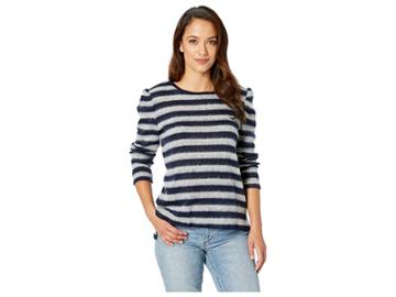 Two By Vince Camuto Fuzzy Stripe Puff Sleeve Mix Media Top (classic Navy) Women's Clothing