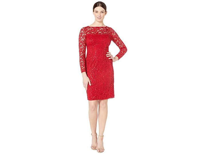 Marina Long Sleeve Sequin Lace Keyhole Back Short Dress (red) Women's Clothing
