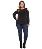 Calvin Klein Plus Plus Size Long Sleeve Cold Shoulder Top W/ Pu Trim (black) Women's Long Sleeve Pullover