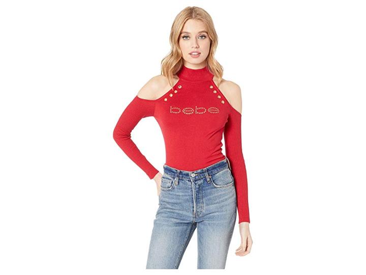 Bebe Mock Neck Cold Shoulder Grommet Sweater (chili Pepper) Women's Sweater