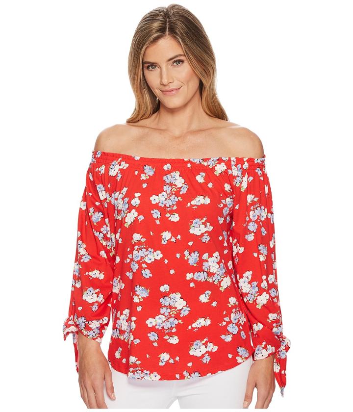 Lauren Ralph Lauren Floral Jersey Off The Shoulder Top (red Multi) Women's Clothing