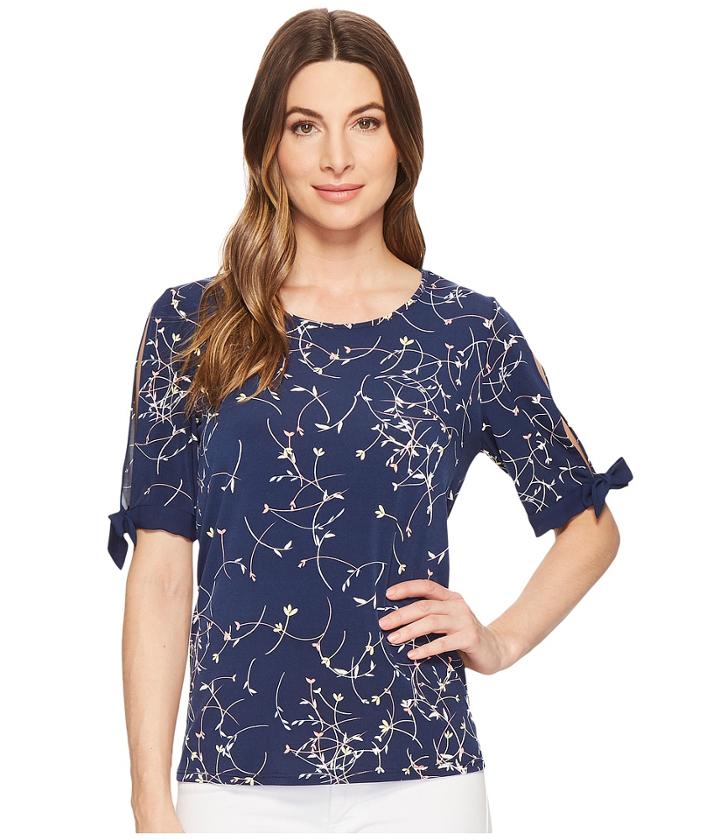 Cece Tie Sleeve Ditsy Swirls Knit Top (naval Navy) Women's Clothing