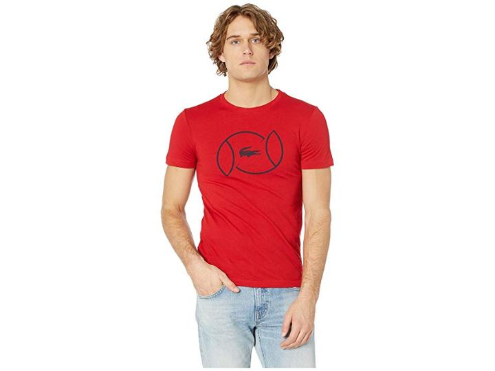Lacoste Sport Short Sleeve Tech Jersey T-shirt W/ Tennis Ball Strong Print (lighthouse Red/navy Blue) Men's T Shirt