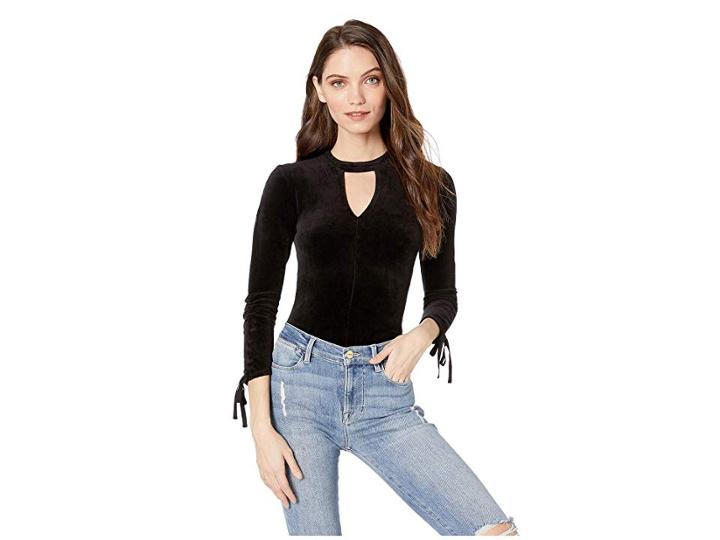 Juicy Couture Track Stretch Velour Ruched Bodysuit (pitch Black) Women's Jumpsuit & Rompers One Piece