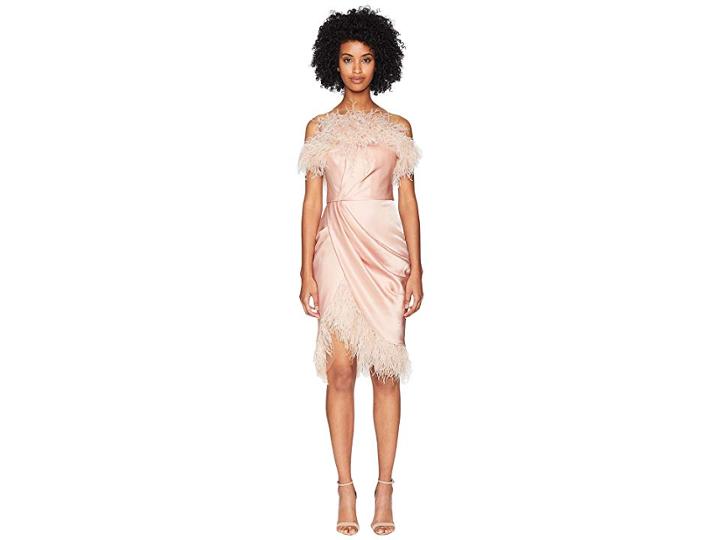Marchesa Strapless Draped Silk Satin Cocktail W/ Ostrich Feather Fringe (blush) Women's Dress