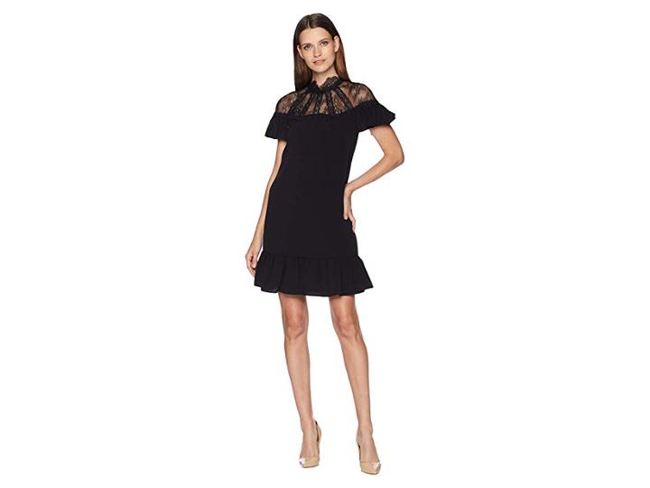 Tahari By Asl Short Sleeve Crepe/lace Shift With High Neckline (black) Women's Dress