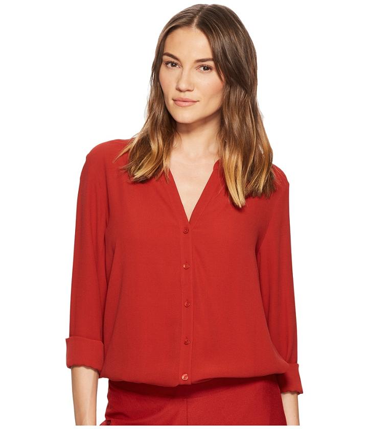 Eileen Fisher Silk Georgette Crepe Stand Collar Top (serrano) Women's Long Sleeve Button Up