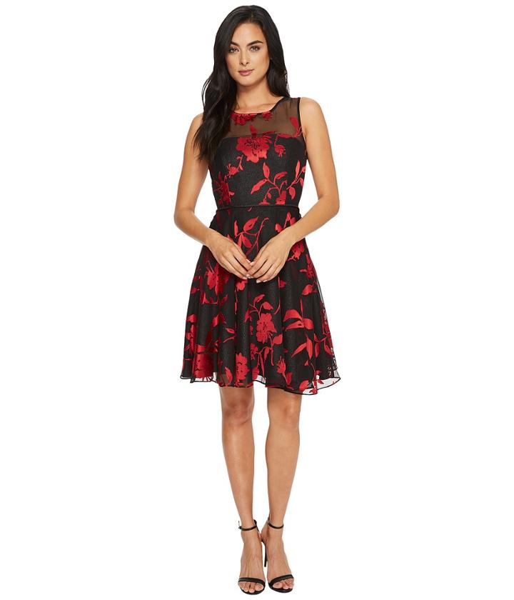Tahari By Asl Burnout Floral Party Dress (black/claret/silver) Women's Dress