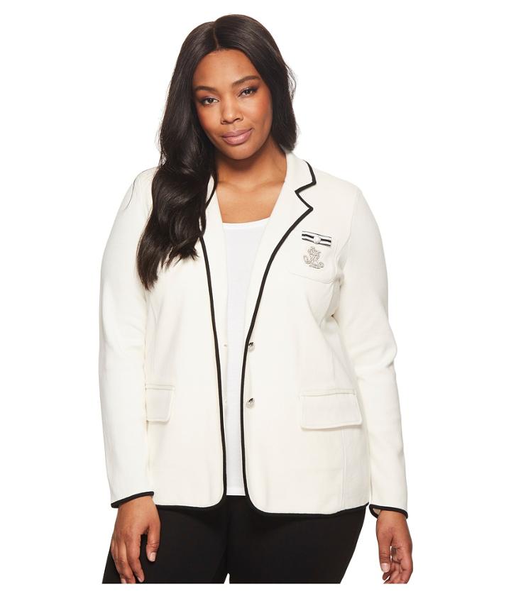 Lauren Ralph Lauren Plus Size Bullion-embroidered Knit Blazer (mascarpone Cream/polo Black) Women's Jacket
