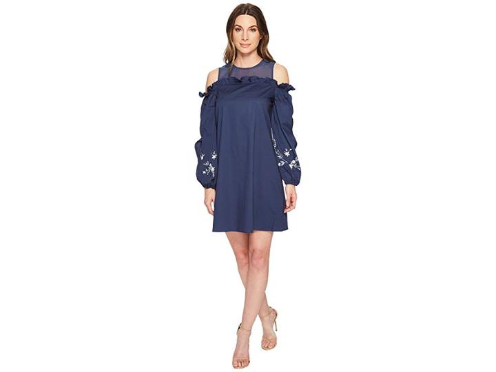 Cece Balloon Sleeve Ruffled Cotton Shirting Dress (indigo Sky) Women's Dress