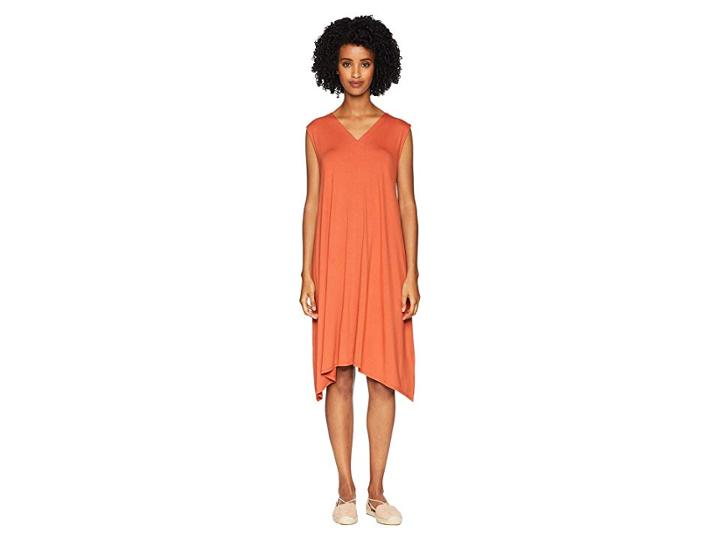 Eileen Fisher Lightweight Viscose Jersey V-neck Dress (orange Pekoe) Women's Dress