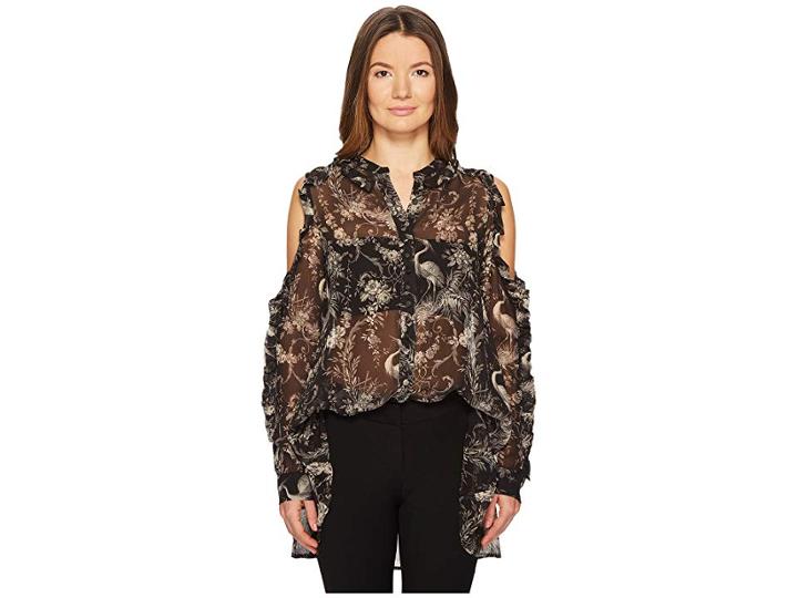 The Kooples Birdy-print Top With Asymmetrical Shoulders (black) Women's Blouse