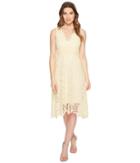 Donna Morgan Sleeveless Lace V-neck Fit And Flare With Waist Detail (pale Yellow) Women's Dress