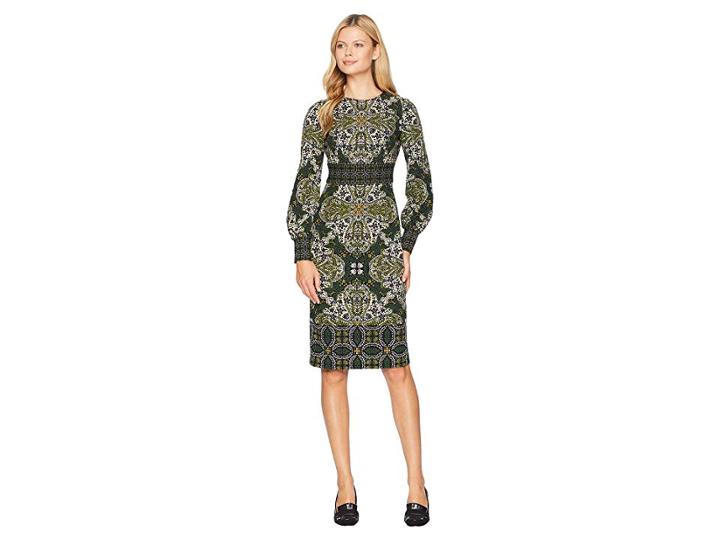 Maggy London Flemish Tile Scuba Crepe Sheath Dress (black/green) Women's Dress