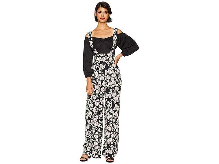 Unique Vintage High-waisted Wide Leg Rochelle Suspender Pants (black Floral) Women's Casual Pants