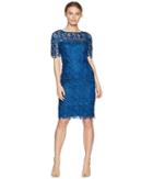 Adrianna Papell Petite Short Sleeve Lace Sheath Dress (night Flight) Women's Dress