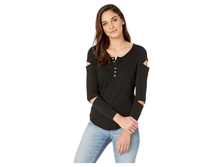Chaser Vintage Rib Long Sleeve Shirttail Henley (union Black) Women's Long Sleeve Pullover