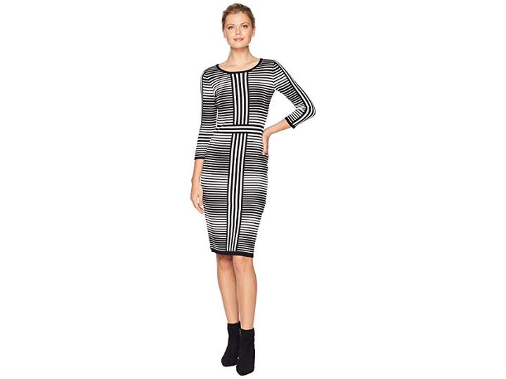 Gabby Skye Stripe Fitted Sweater Dress (black/ivory) Women's Dress