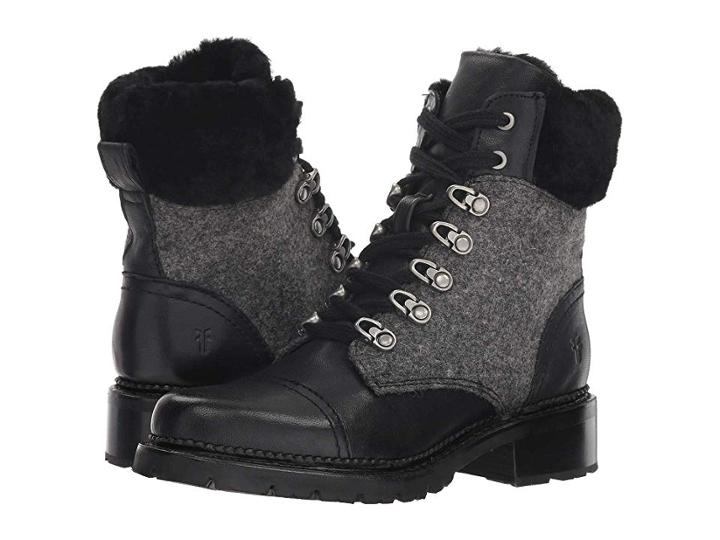 Frye Samantha Hiker (black Multi Wool/tumbled Full Veg/shearling) Women's Lace-up Boots