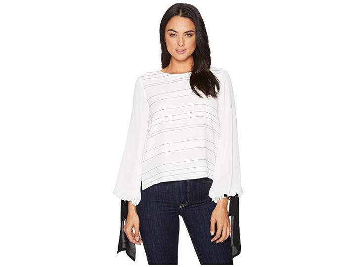 Vince Camuto Tie Cuff Bubble Sleeve Sheer Jacquard Stripe Blouse (new Ivory) Women's Blouse