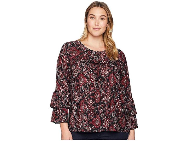 Michael Michael Kors Plus Size Sweetheart Tier Sleeve Top (black/maroon) Women's Clothing
