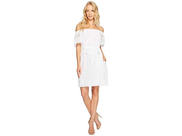 Donna Morgan Off Shoulder Dress With Eyelet Border (white) Women's Dress