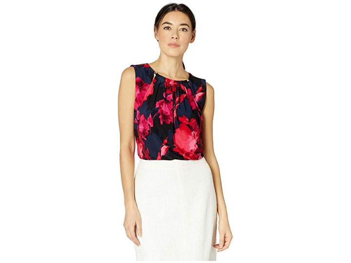 Tommy Hilfiger Floral Bead Neck Knit Top (scarlet Multi) Women's Blouse