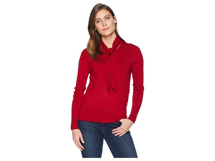 Elliott Lauren Long Sleeve Crew Neck Top With Detachable Tie (crimson) Women's Clothing